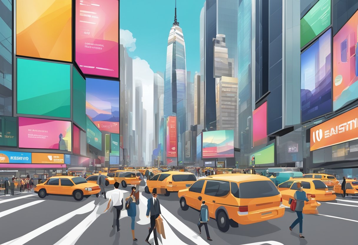 Busy city street with skyscrapers, people commuting, and job advertisements on billboards and digital screens