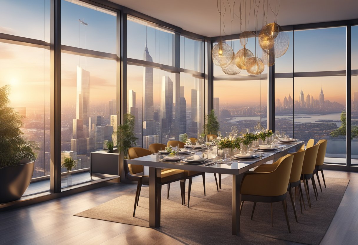 A luxurious dining area with modern decor and comfortable seating, surrounded by large windows offering a stunning view of the city skyline