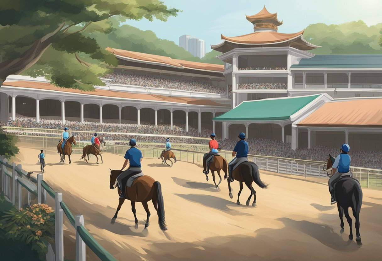Riders on horses at a Singapore equestrian center, with a sign reading "Frequently Asked Questions - horse riding Singapore."