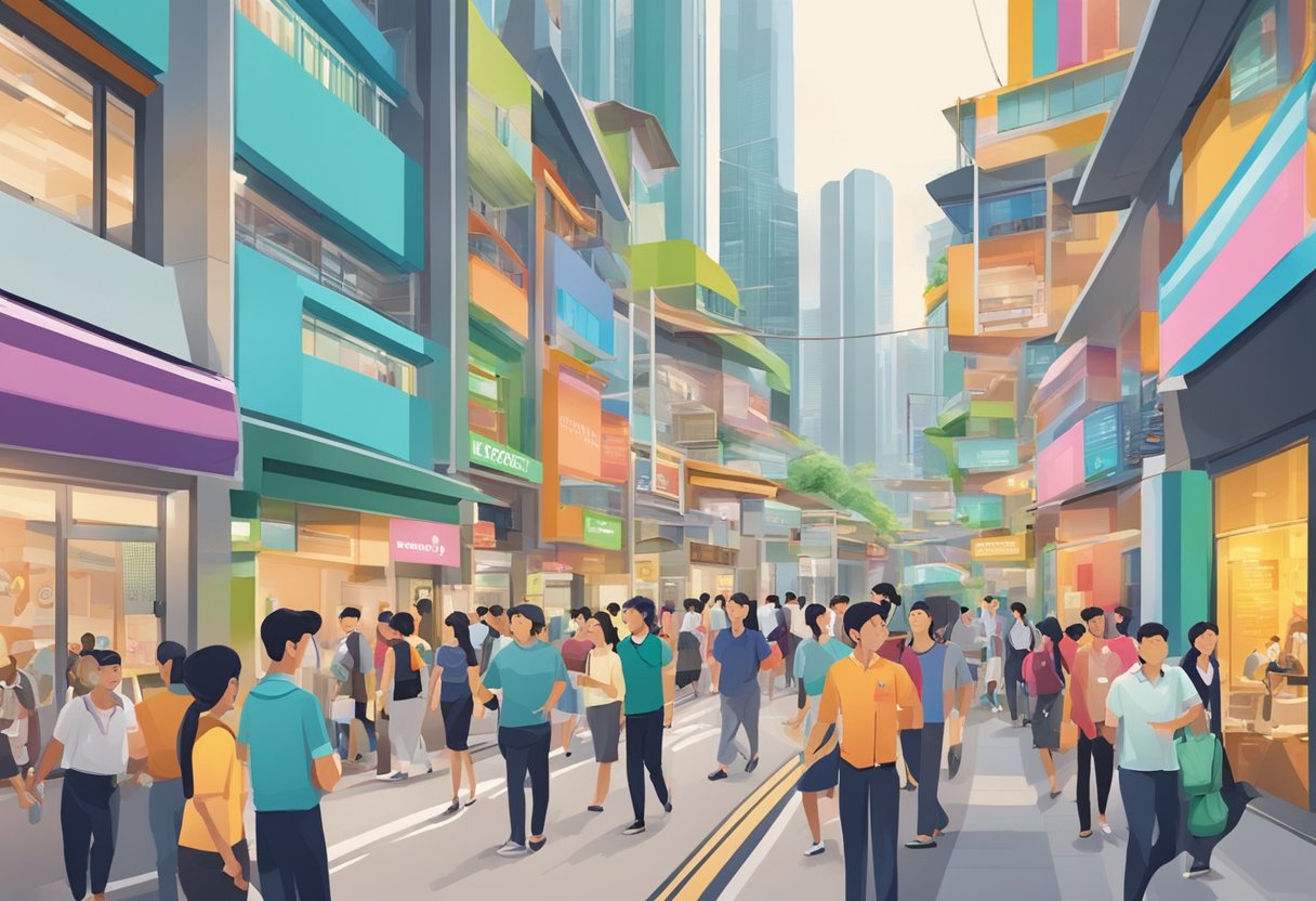 A bustling Singapore street with colorful job posters on display, people entering and exiting the FastJobs office, and a vibrant atmosphere