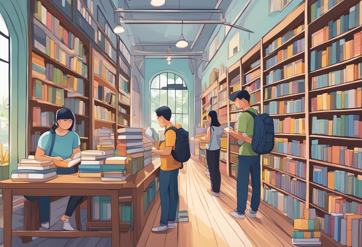 People browsing rows of books in a cozy Singapore bookstore, with colorful displays and cozy reading nooks