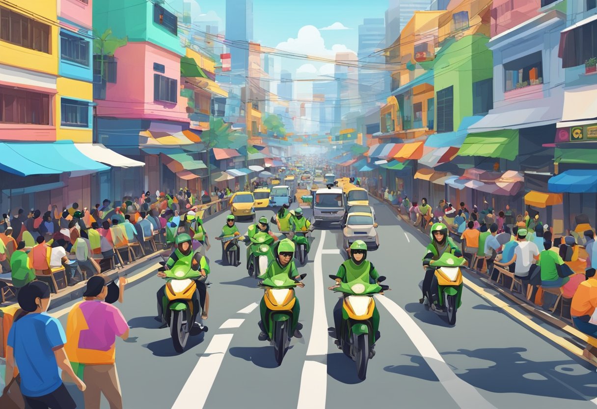 A bustling street with Gojek motorbikes weaving through traffic, colorful buildings in the background, and people hailing rides on their smartphones