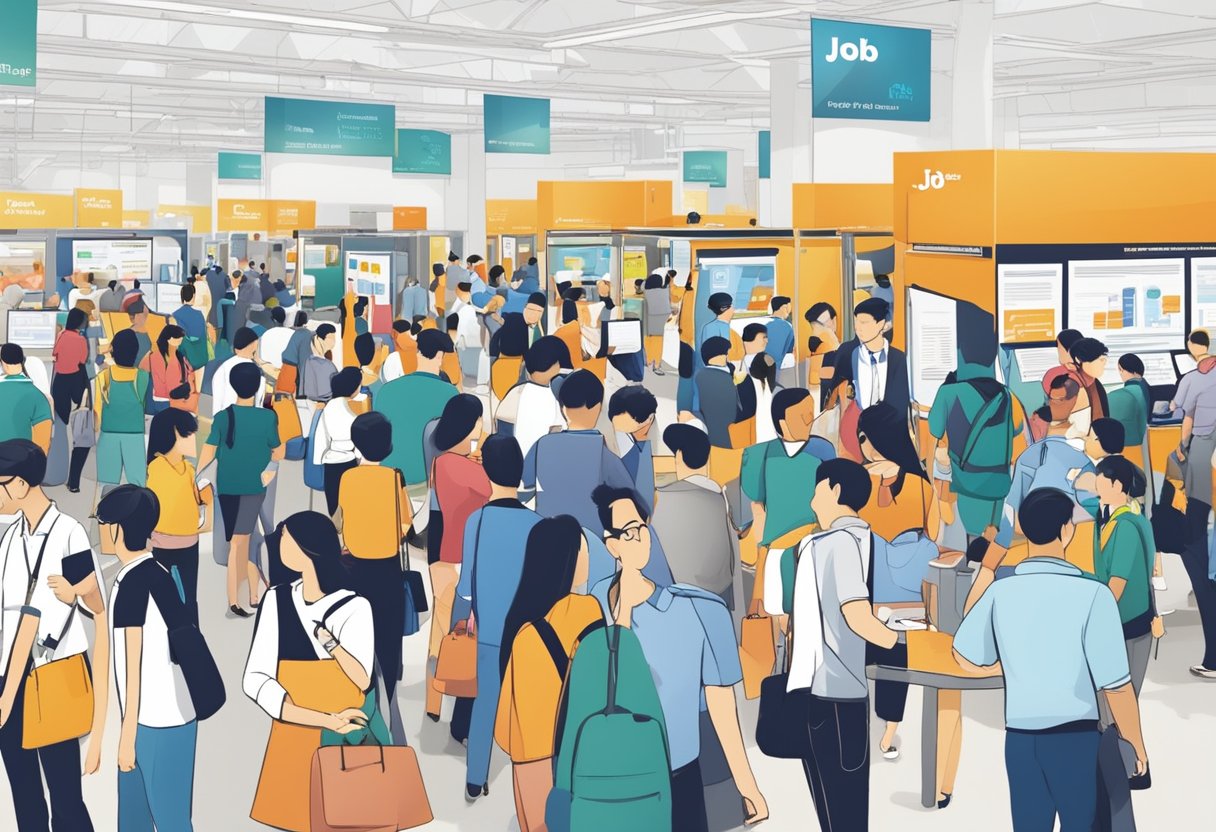 A bustling job fair with booths and signs promoting "Job Seeker Resources" at FastJobs Singapore. Crowds of people networking and browsing