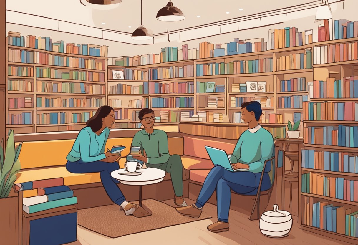 Customers browsing books, sipping coffee, and chatting in a cozy, well-lit bookstore with colorful displays and inviting seating areas