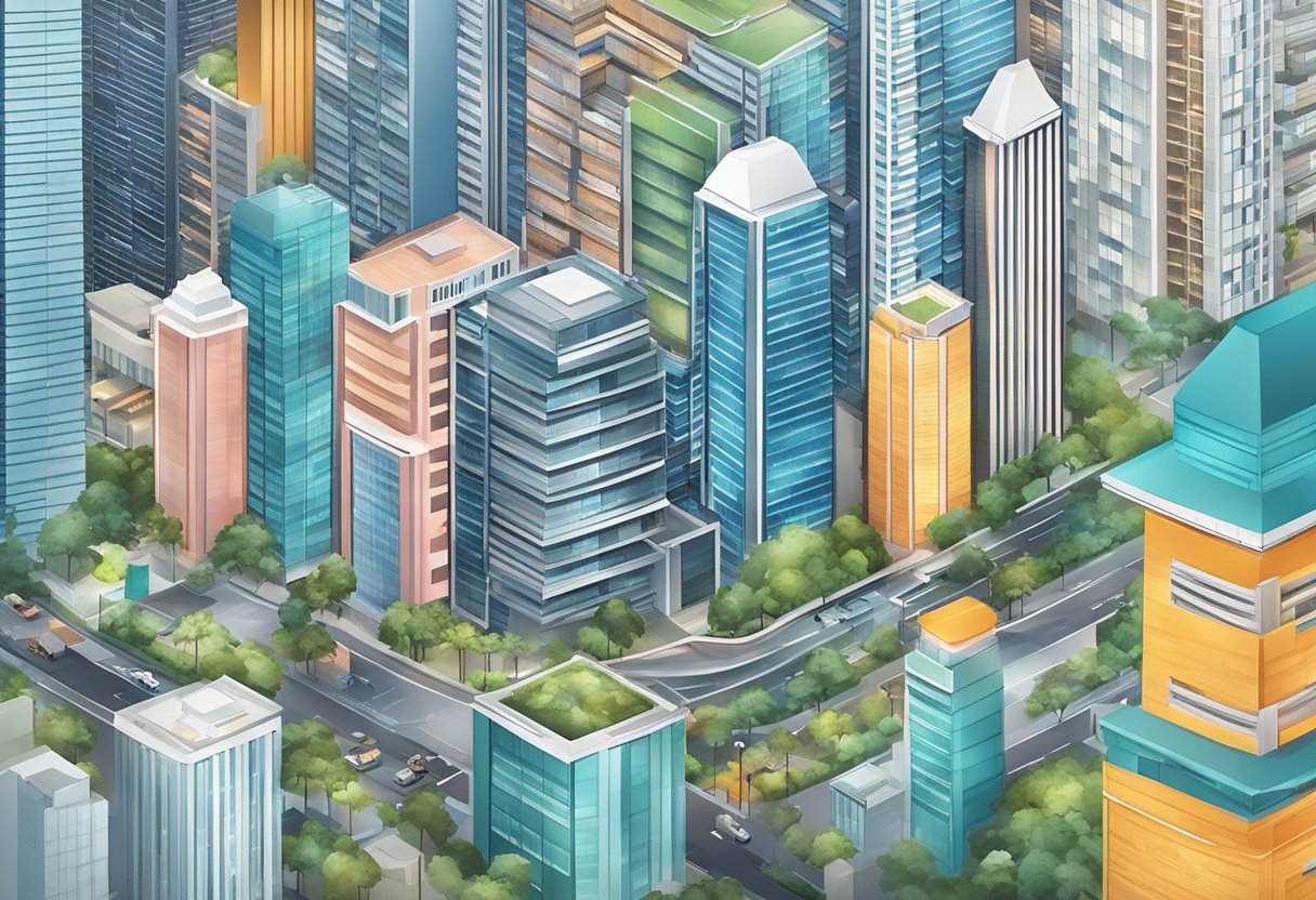 A bustling cityscape with skyscrapers and a prominent insurance company sign in Singapore
