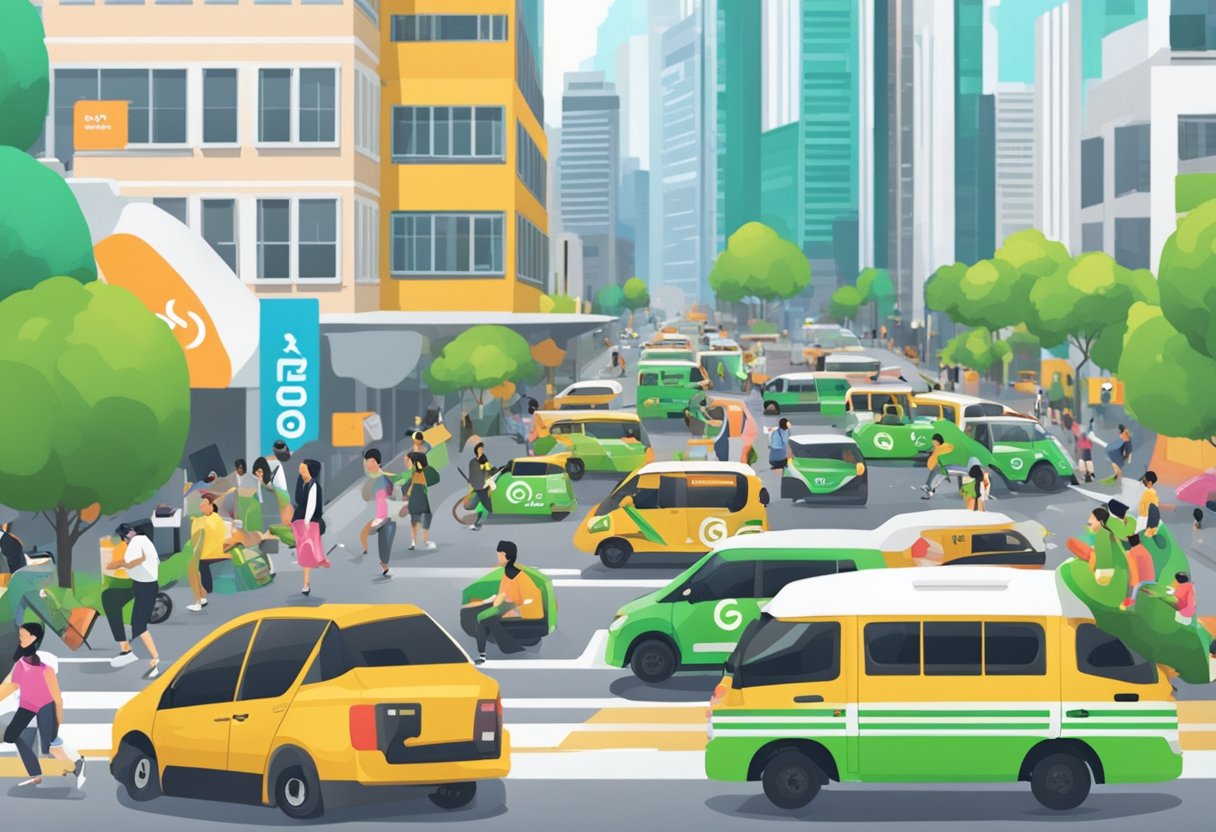 A bustling Singapore street with Gojek's logo on vehicles and people using the app for various services