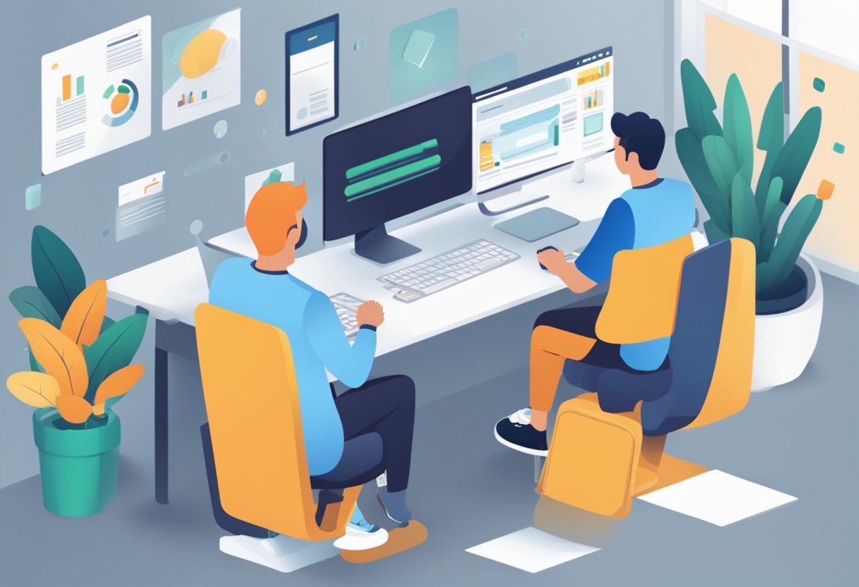 People browsing FAQs on FastJobs SG. Text and icons on a computer screen. Office setting with desk and chair