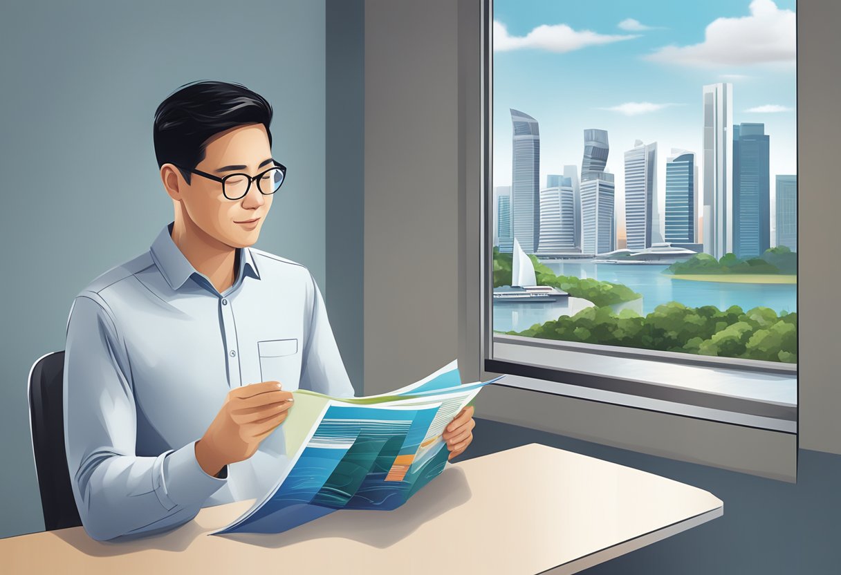 A person reading a brochure on insurance with a skyline of Singapore in the background