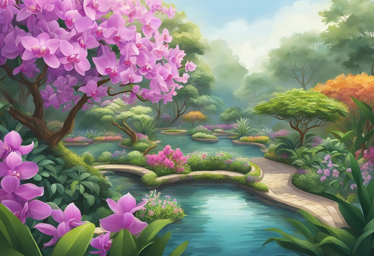 Lush orchid garden in Singapore, vibrant blooms, winding paths, and serene ponds