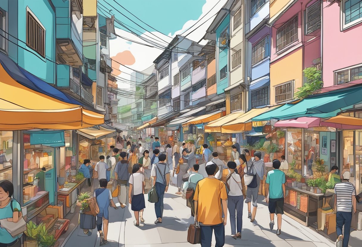 A bustling street in Kazo, Singapore, with colorful shopfronts and busy pedestrians