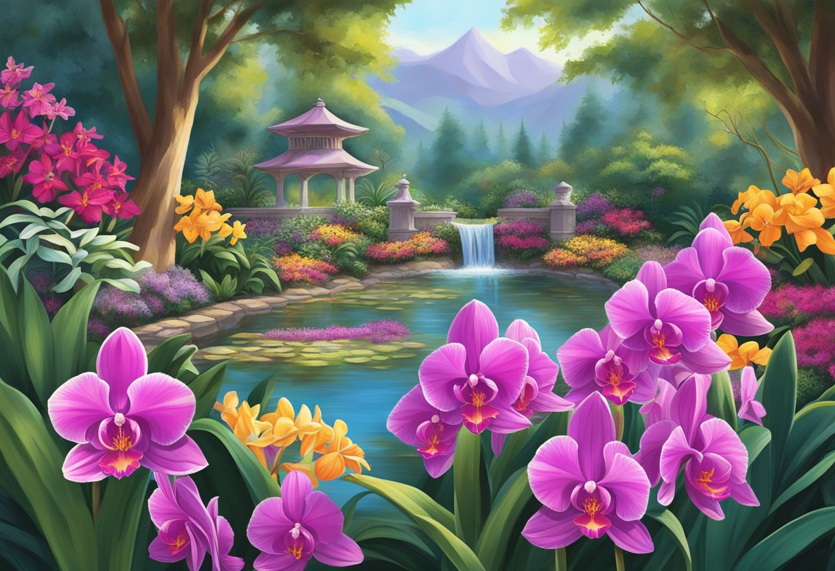 Vivid orchids bloom in the lush, vibrant National Orchid Garden, creating a mesmerizing display of colors and shapes