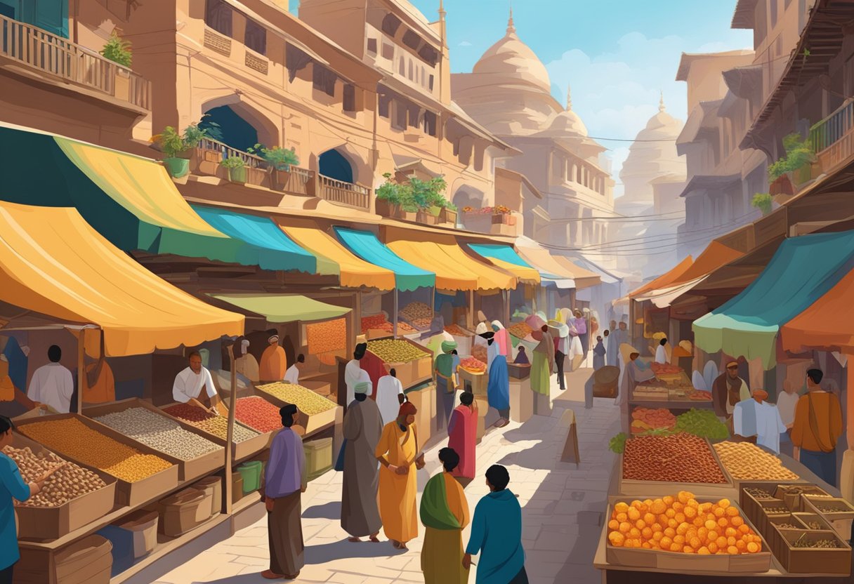 A bustling market with vibrant stalls selling colorful textiles, exotic spices, and intricate handicrafts, set against a backdrop of bustling streets and historic architecture