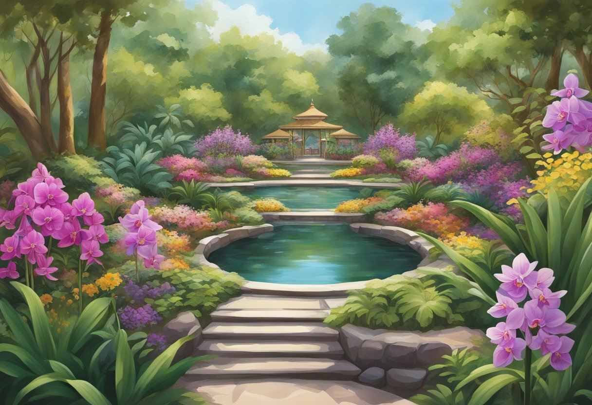 Lush orchid garden with walking paths, colorful blooms, and tranquil ponds. Visitors engage in photography, meditation, and guided tours