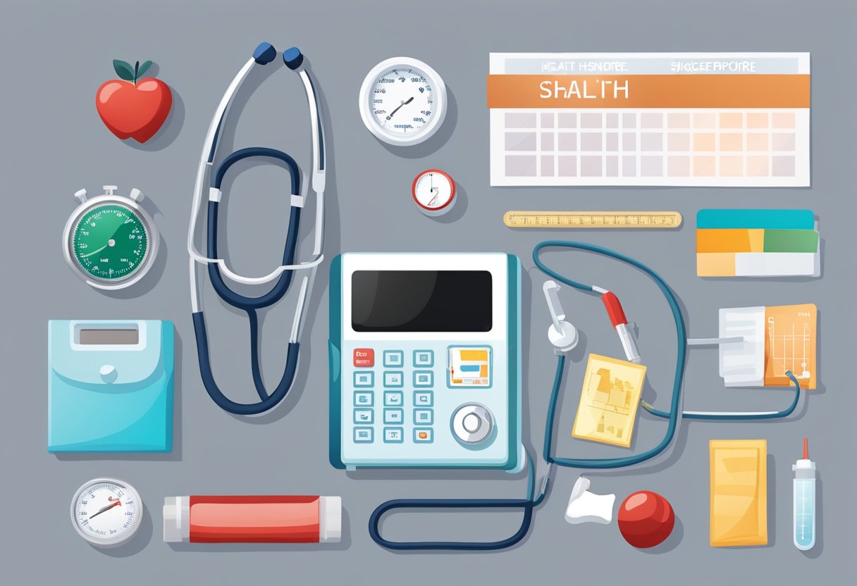 A table with medical equipment, a stethoscope, blood pressure cuff, and thermometer. A sign reads "Health Screening Package Singapore."