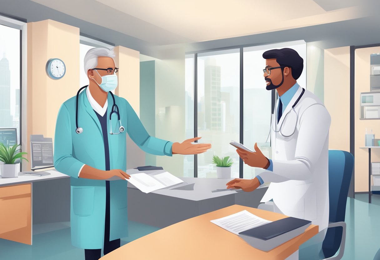 A doctor explaining health screening to a patient in a modern clinic setting