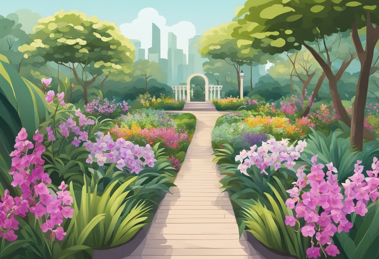 Lush orchid garden with colorful blooms and winding paths in Singapore, with a sign reading "Frequently Asked Questions."