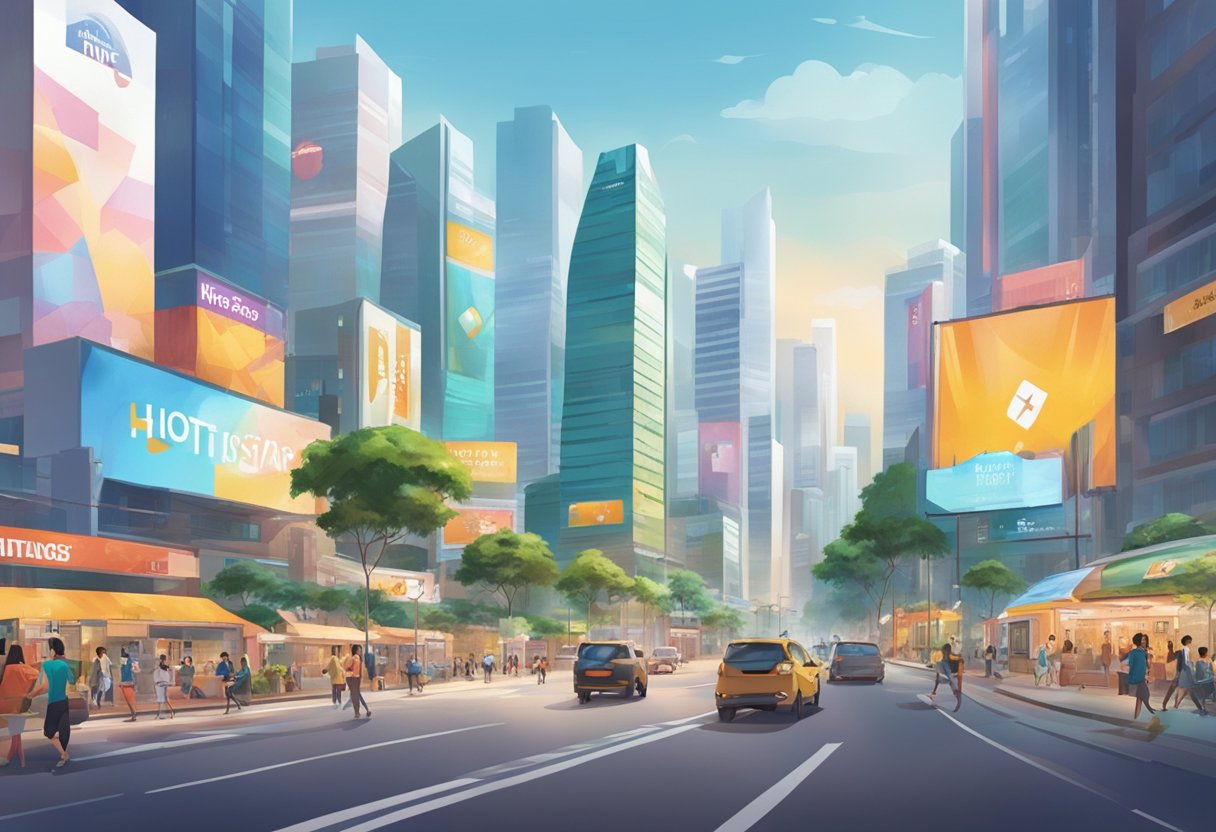 A bustling city street in Singapore, with vibrant billboards and signs promoting Hotstar. The skyline is filled with modern buildings and the atmosphere is energetic
