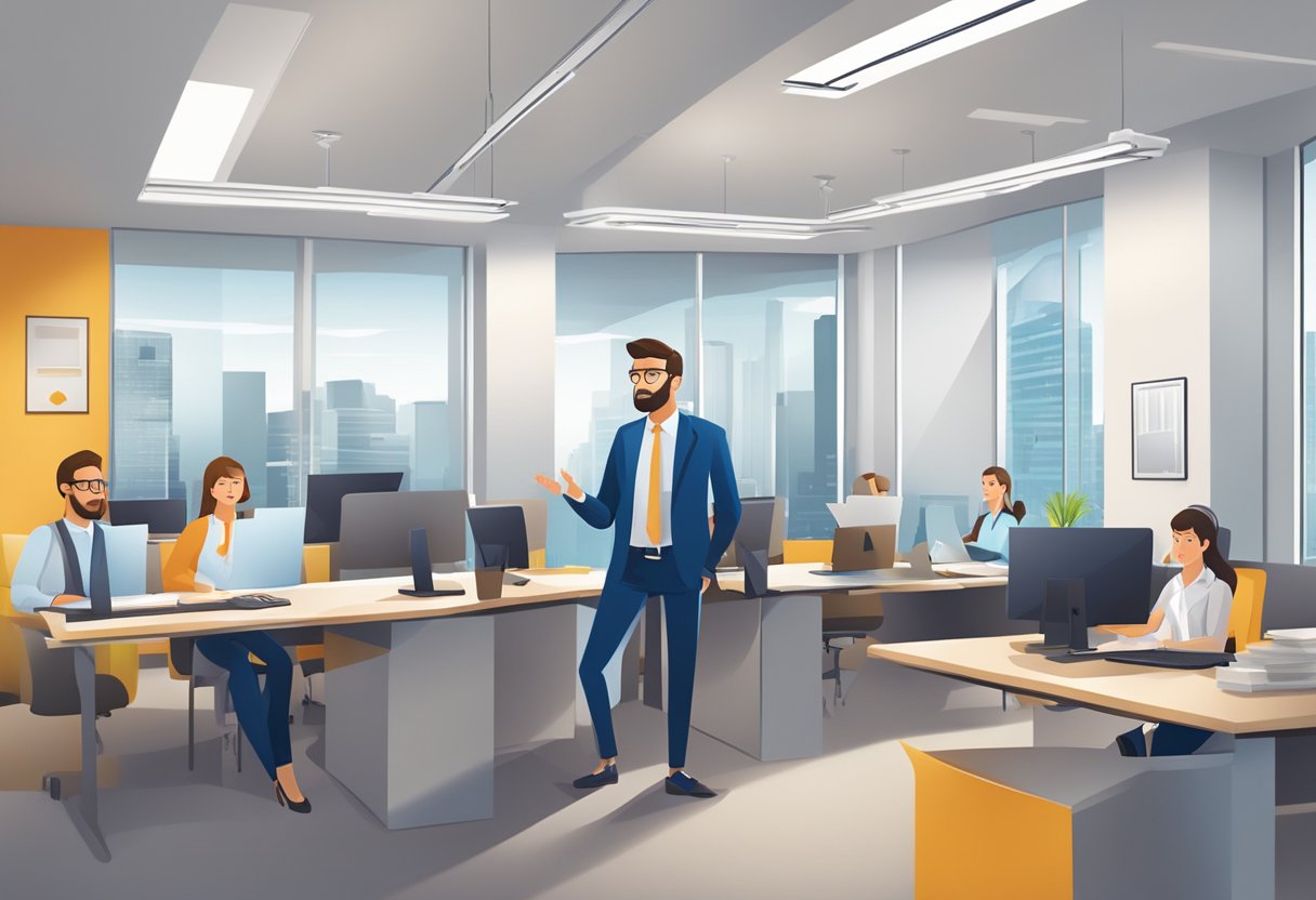 A customer service representative answering questions on insurance in a modern office setting