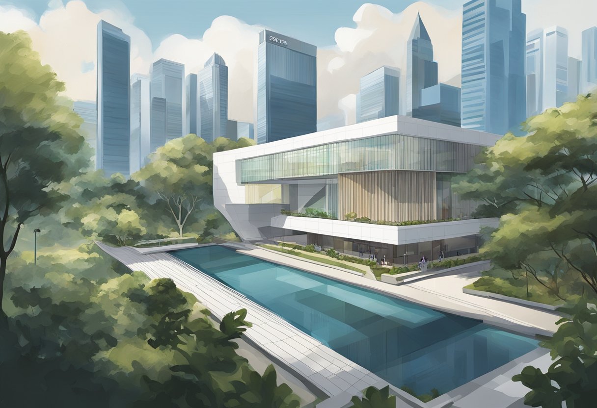 The Singapore Art Museum showcases contemporary art. The building's sleek, modern design stands out against the city skyline. Surrounding trees add a natural touch to the urban setting