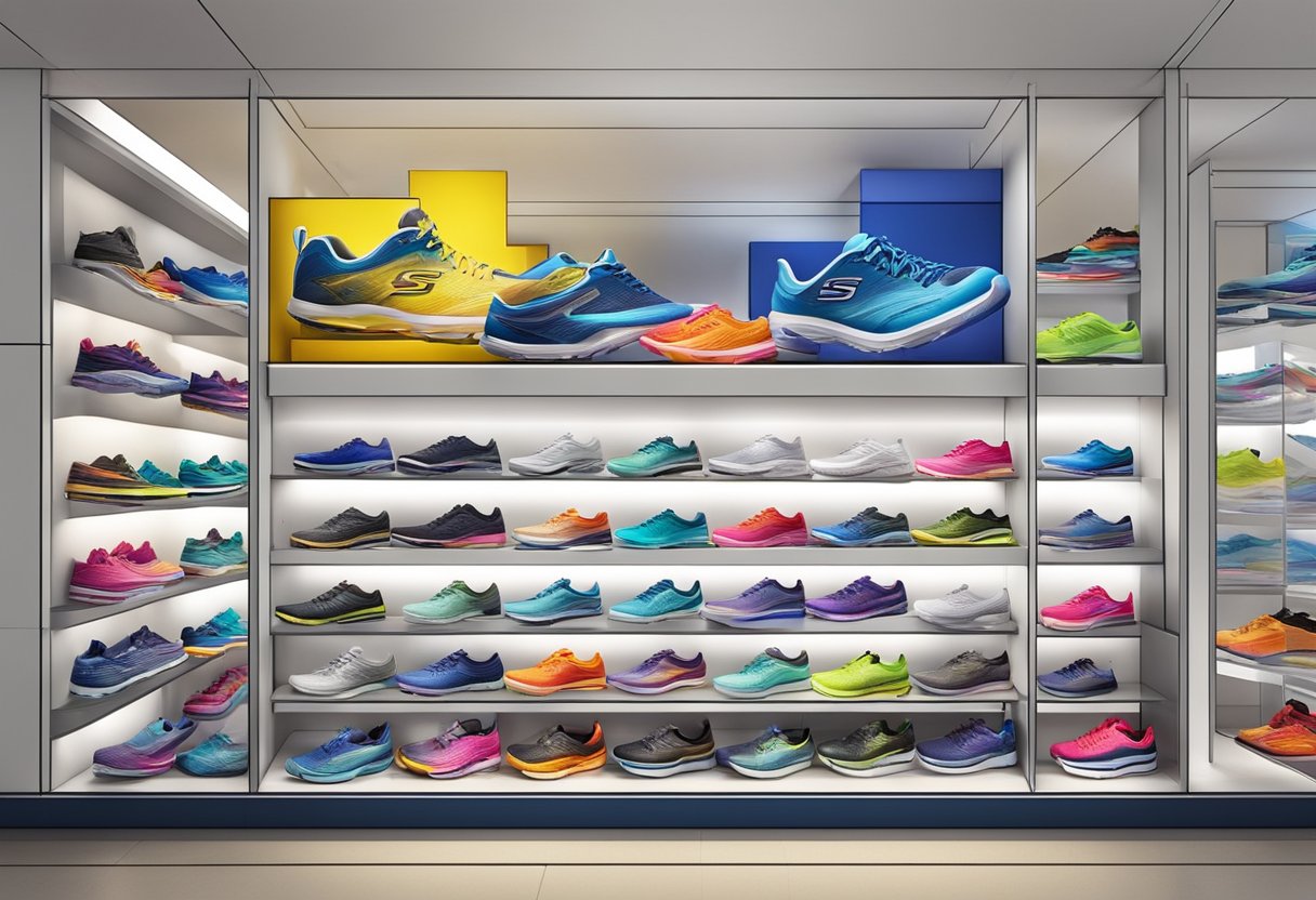 A colorful display of Skechers shoes in a modern Singapore storefront