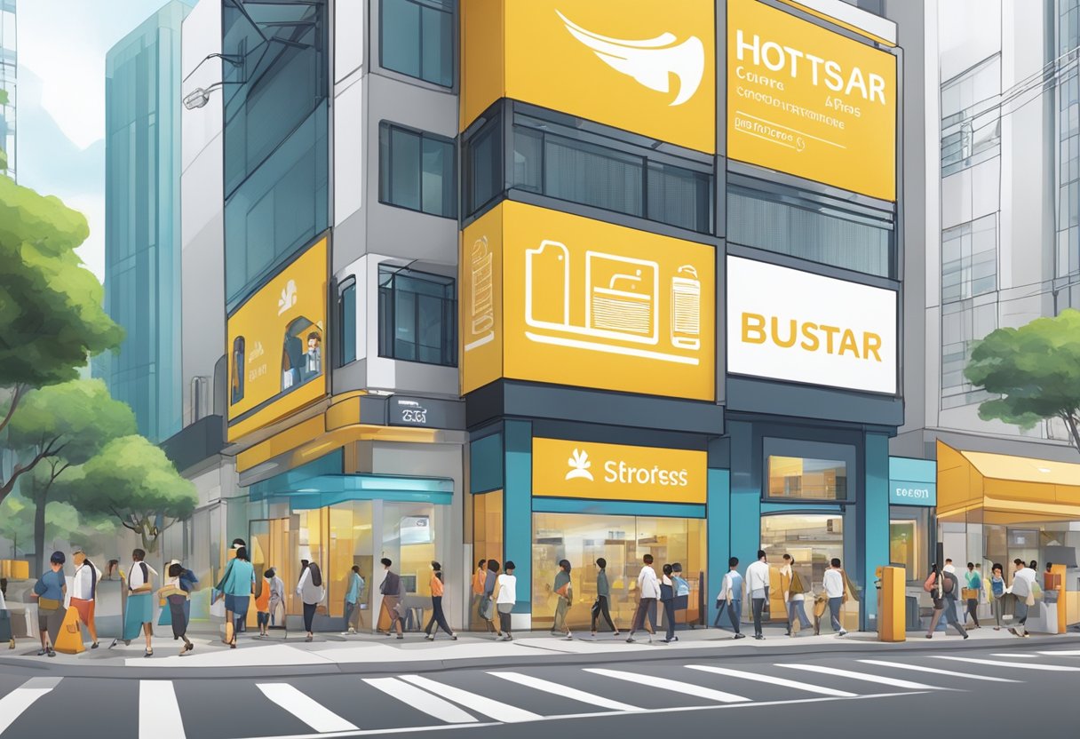 A bustling city street with a prominent Hotstar Services storefront in Singapore, with vibrant signage and a steady flow of customers entering and exiting the premises