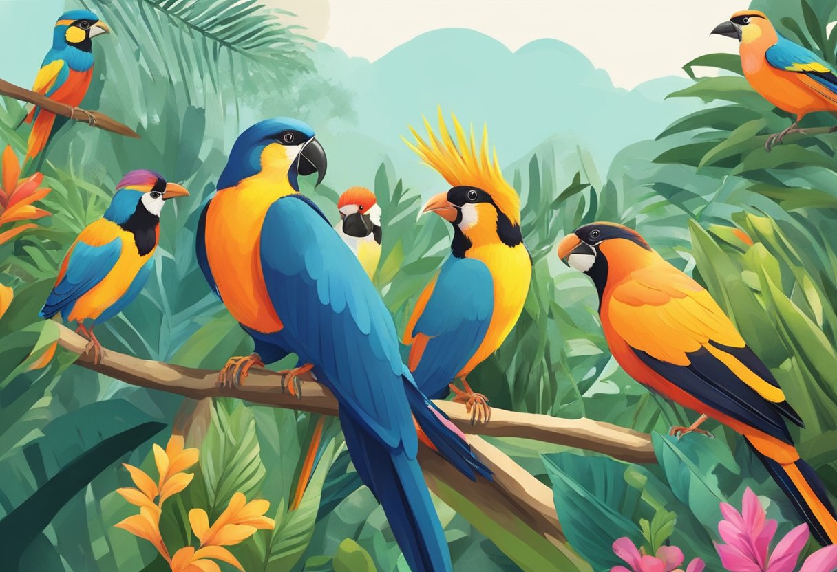 Colorful birds flocking in lush, tropical foliage at Bird Park Singapore. A variety of species perched on branches and soaring through the sky
