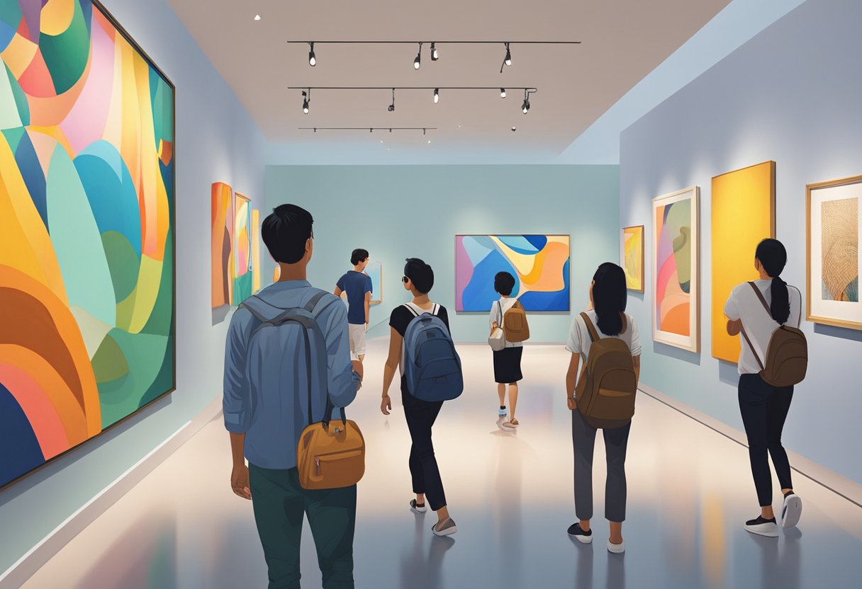 Visitors wander through galleries, admiring colorful contemporary artworks at the Singapore Art Museum