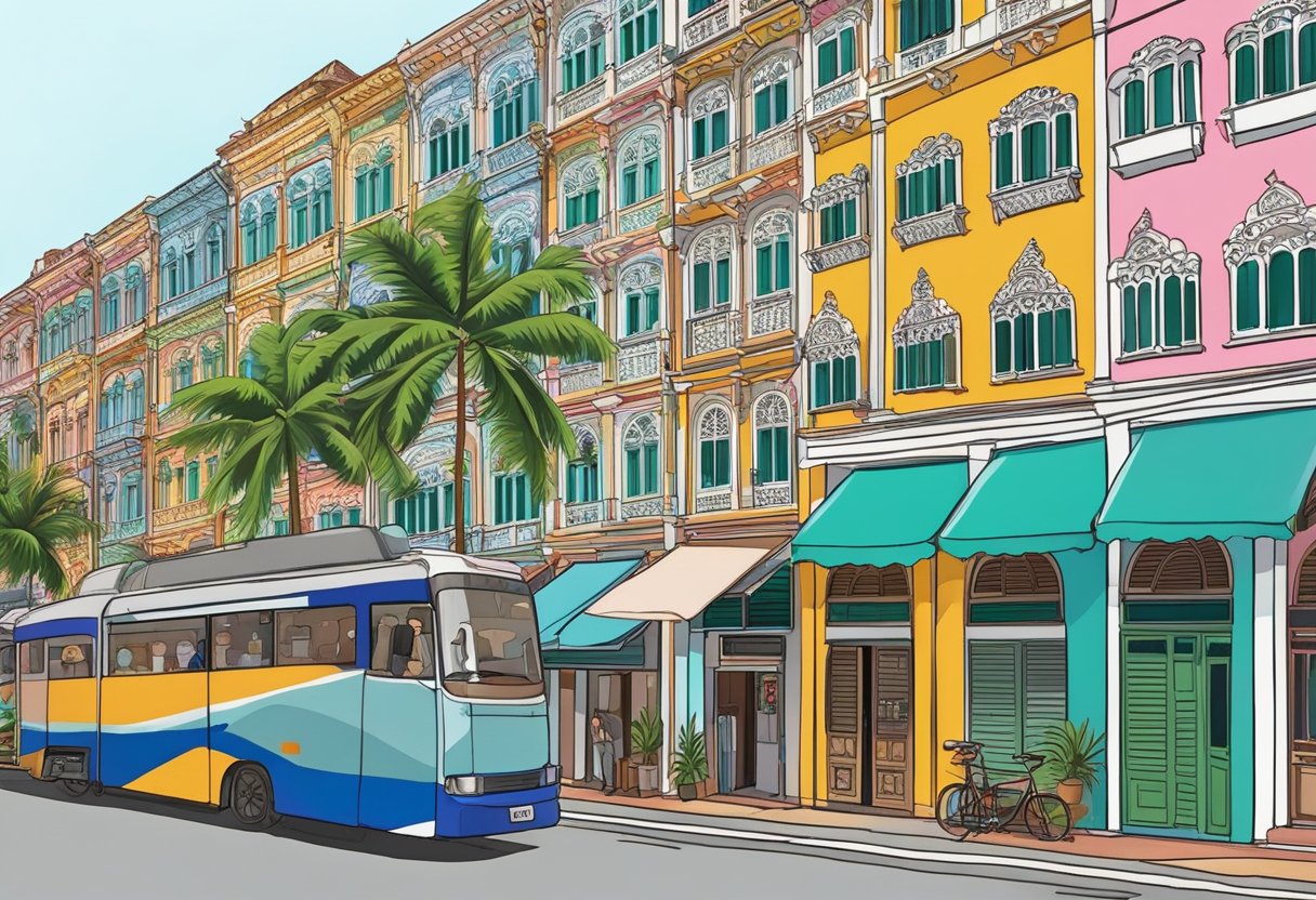Colorful shophouses line Joo Chiat Road, with intricate Peranakan tiles and vibrant facades. Palm trees sway in the breeze, and the street is bustling with activity