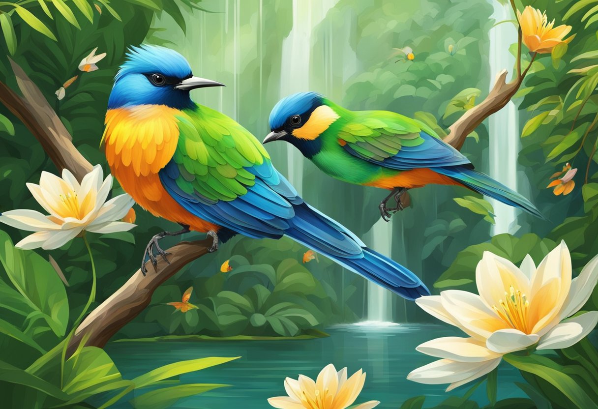 Colorful birds fly freely in lush green aviaries, perched on branches and feeding on nectar. Waterfalls cascade into ponds, creating a serene atmosphere