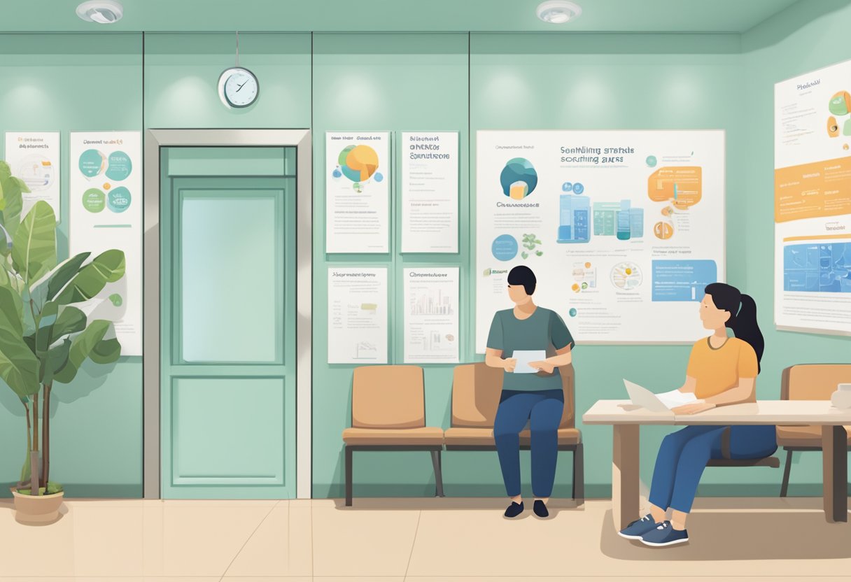 A person sits in a comfortable waiting area, surrounded by informational brochures and friendly staff. A sign on the wall displays the different health screening packages available in Singapore