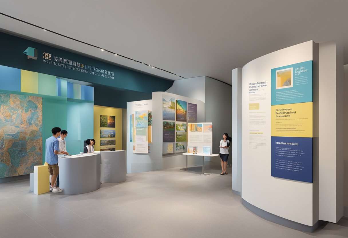 The Singapore Art Museum's visitor information and programs are displayed at the entrance, with brochures and schedules neatly arranged on a stand