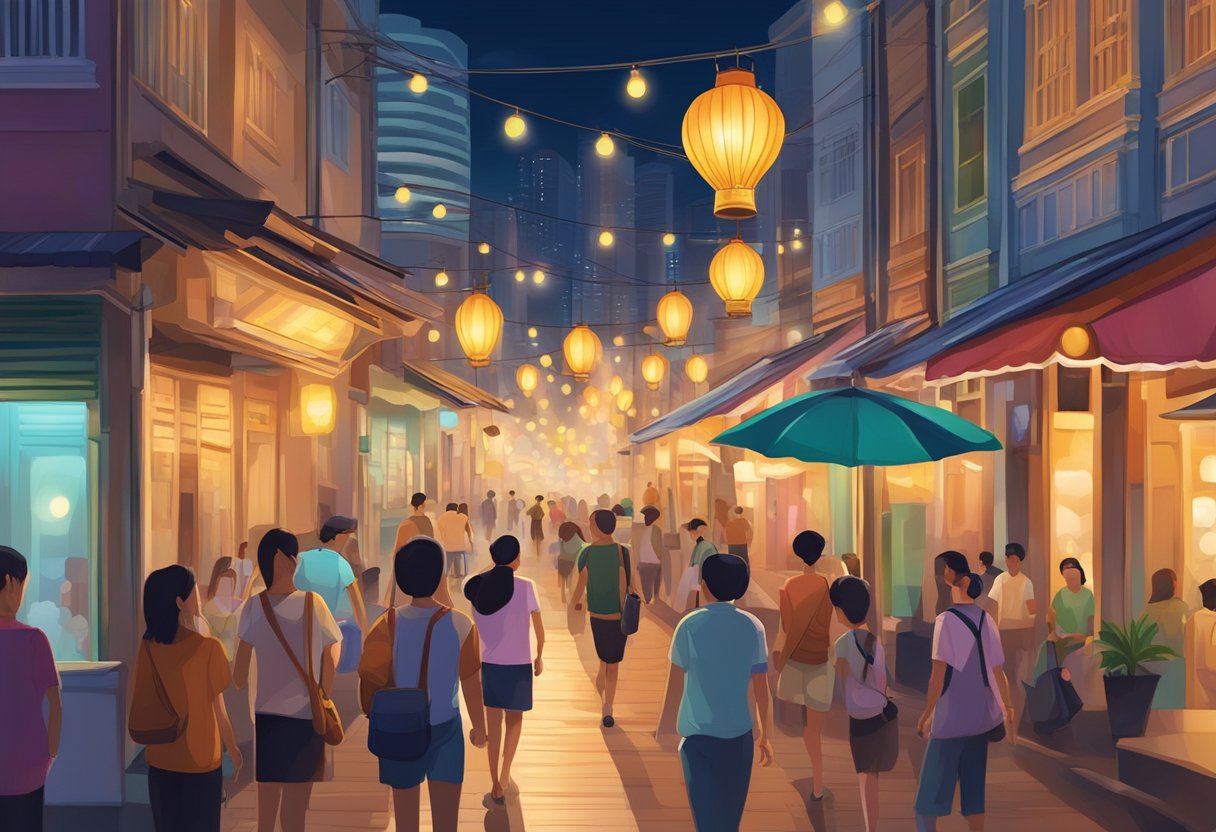A glowing lantern hanging in the bustling streets of Singapore, casting a warm and inviting light against the backdrop of colorful buildings and bustling activity