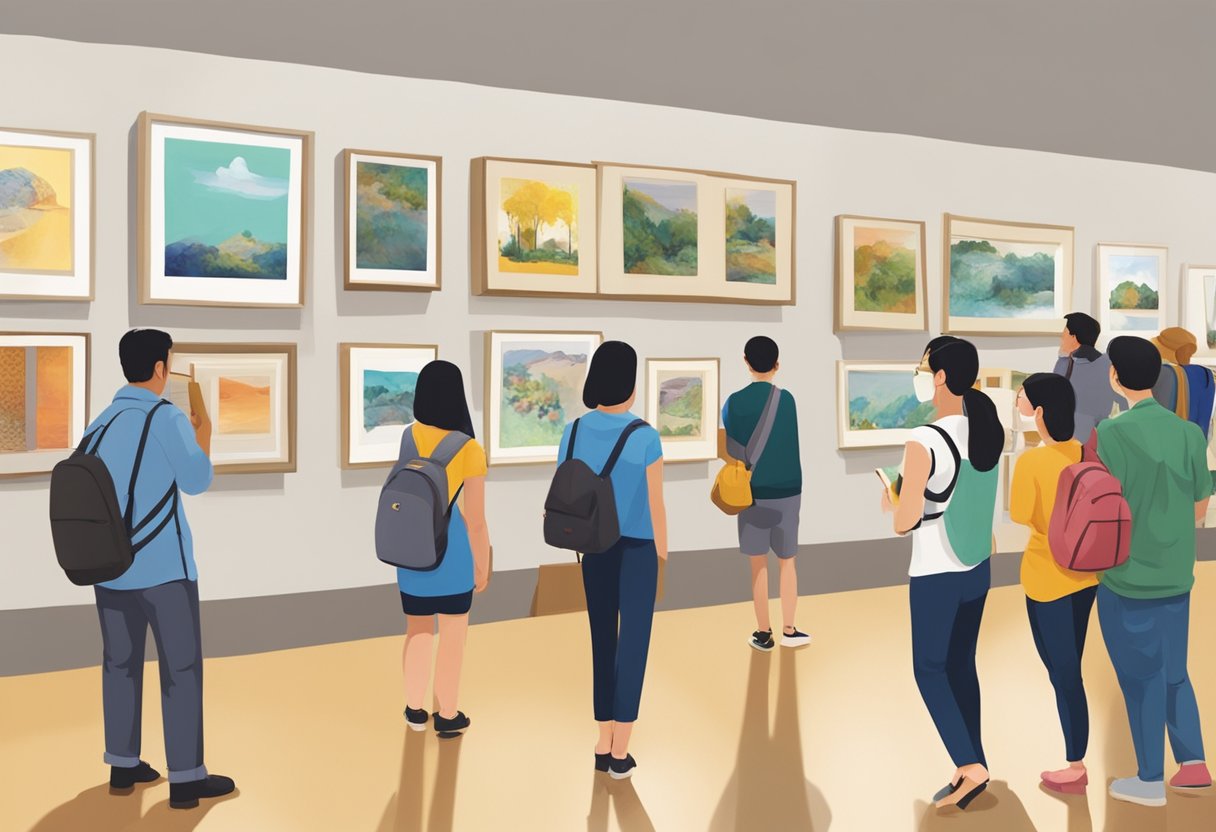 Visitors browse art at Singapore Art Museum, reading FAQ signs