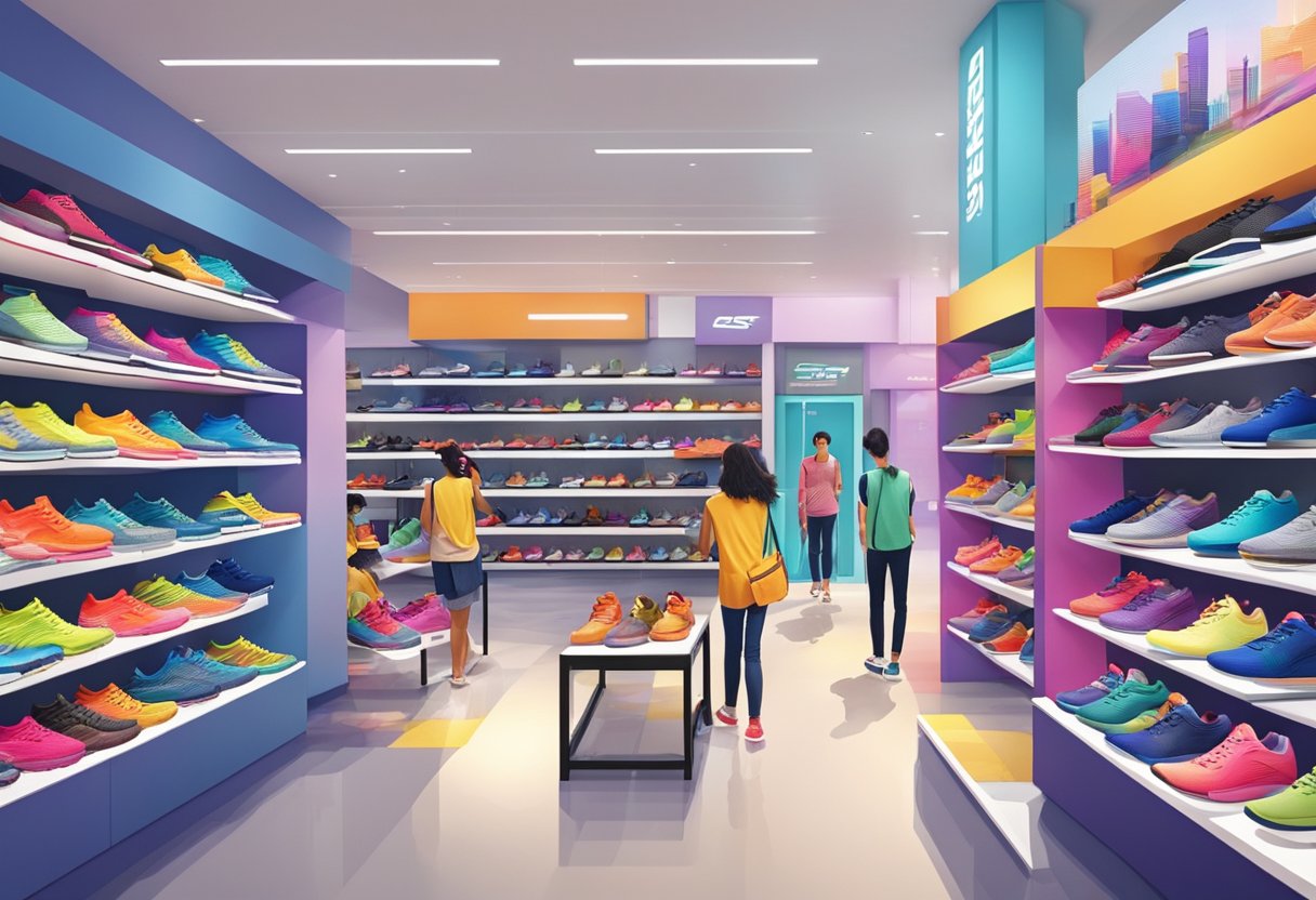 People browsing colorful Skechers shoes in a modern Singapore store