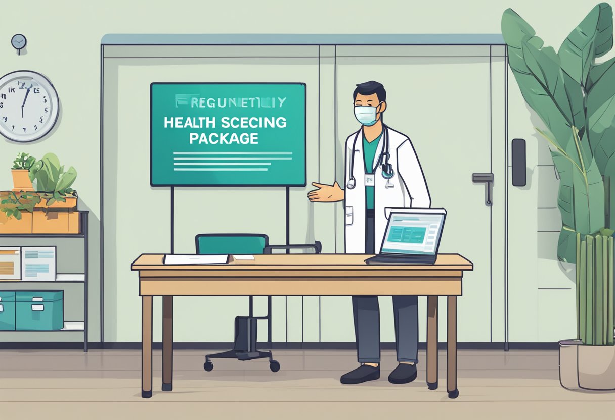A table with health screening equipment and a sign displaying "Frequently Asked Questions health screening package Singapore"