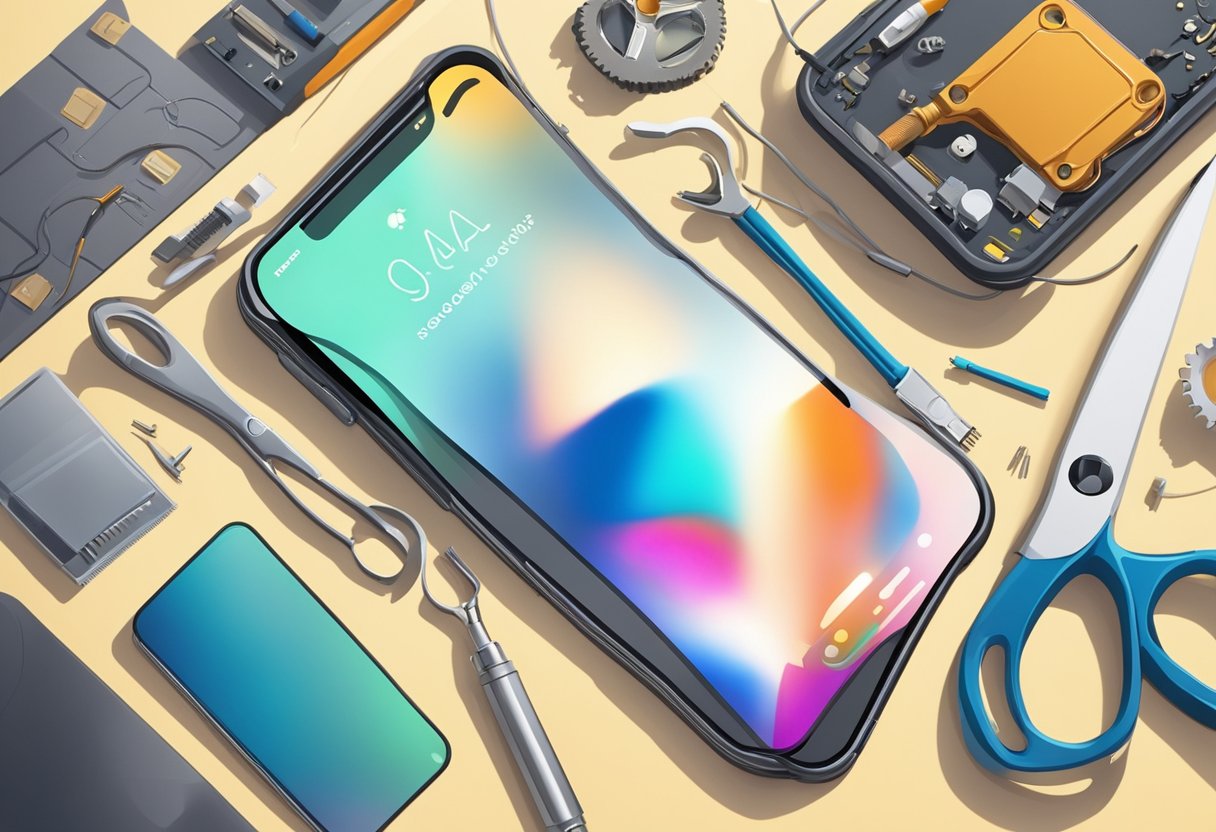 An iPhone lying on a repair technician's desk with tools and equipment scattered around. A bright overhead light illuminates the scene