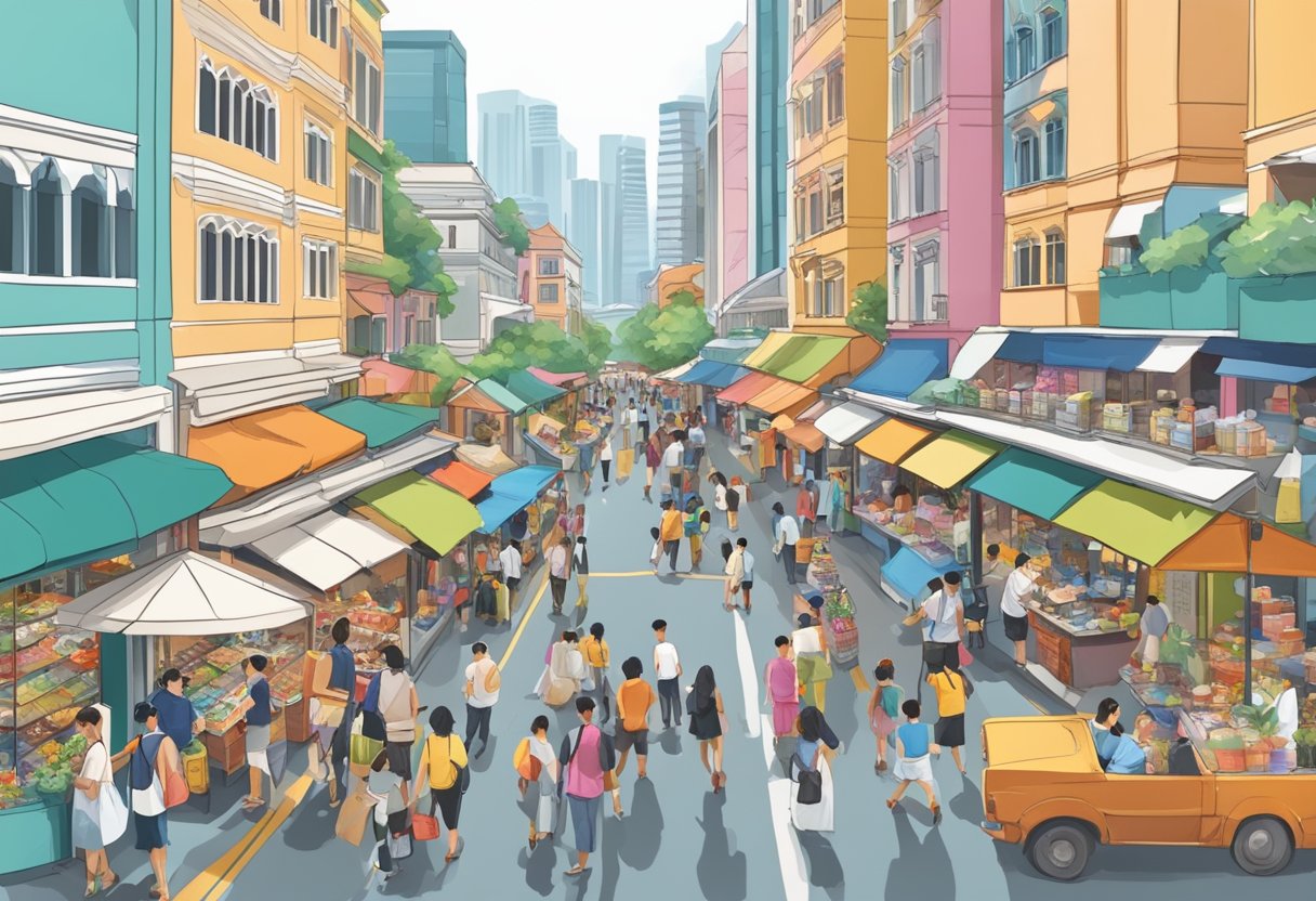 A bustling street in Singapore, with colorful buildings, bustling markets, and people going about their daily lives