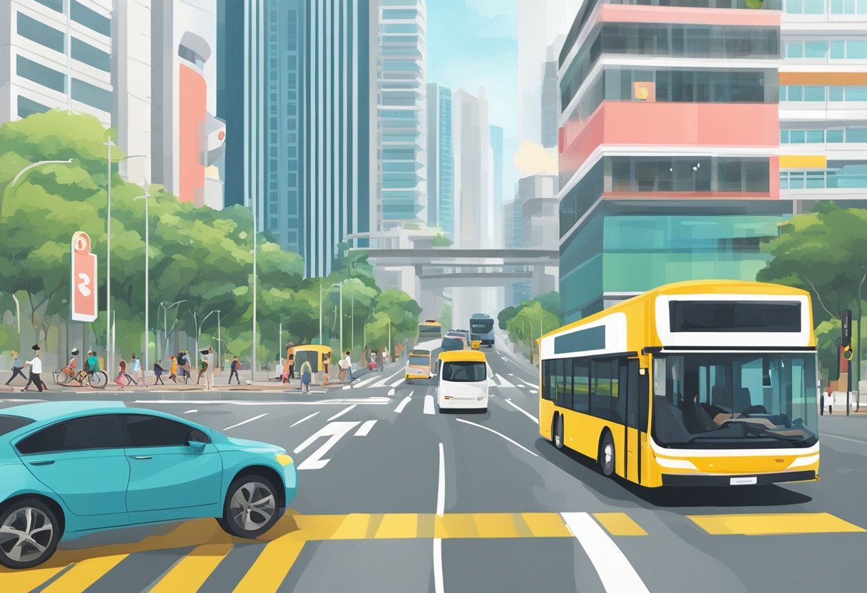 A bus zooms past a sign displaying the bus lane timing in Singapore, with cars and pedestrians moving around in the background