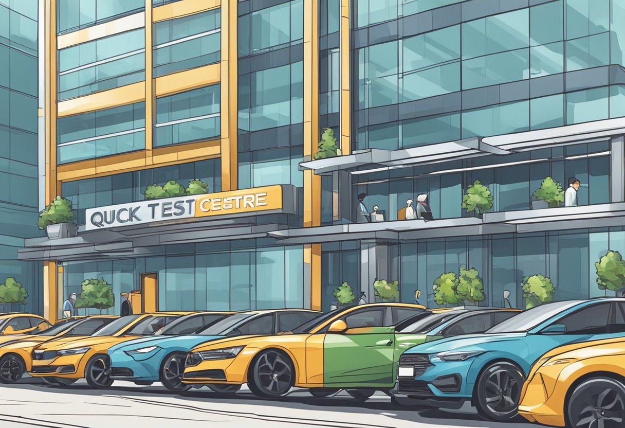 Cars lined up outside a modern building with a sign reading "Quick Test Centre Singapore". A steady flow of people entering and exiting