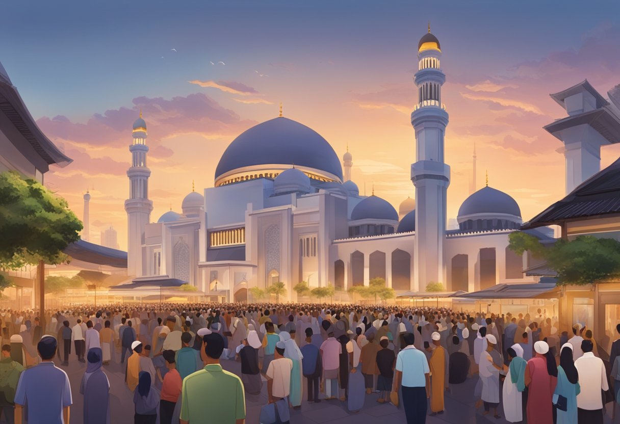 A crowded street in Singapore with people bustling around a grand mosque during the call to prayer. The sun sets behind the city skyline, casting a warm glow over the scene