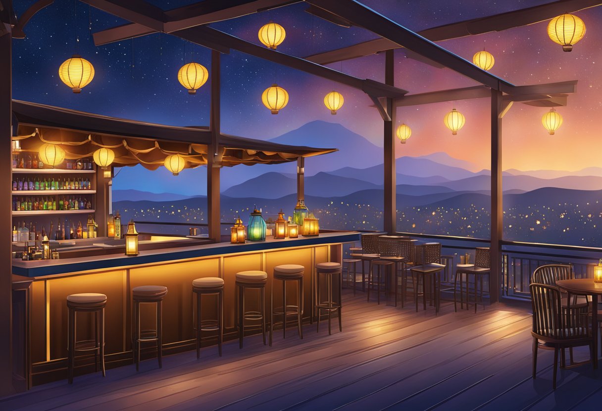 At Lantern Rooftop Bar, a vibrant cityscape glows under a starry night sky, while colorful lanterns cast a warm glow over the elegant outdoor setting
