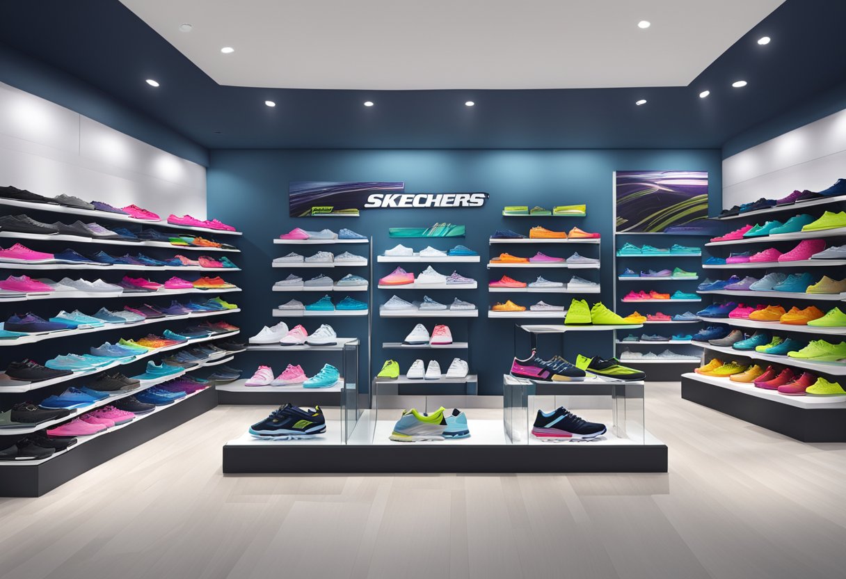 A display of Skechers shoes and products, showcasing the latest collections and innovations at a retail store in Singapore