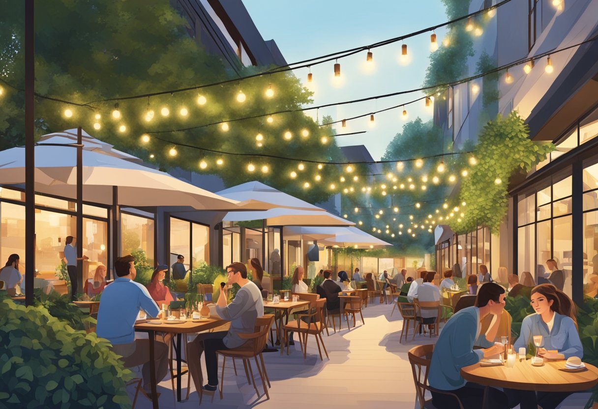 People dining at outdoor tables, under string lights. Lush greenery and modern architecture surround the restaurant