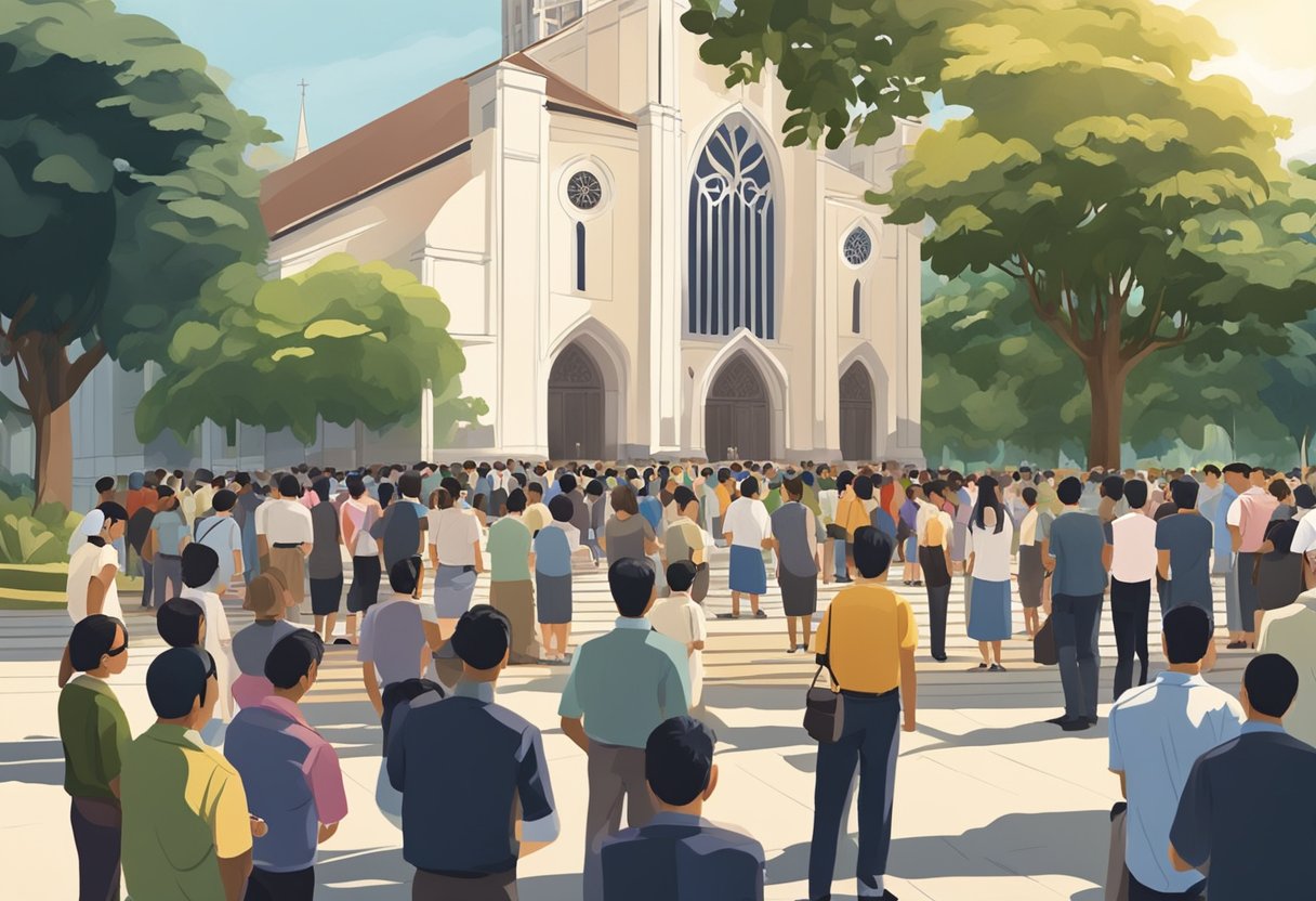 People gather outside a church in Singapore, checking their watches as they wait for the start of the Mass. The sun is shining, casting long shadows on the ground