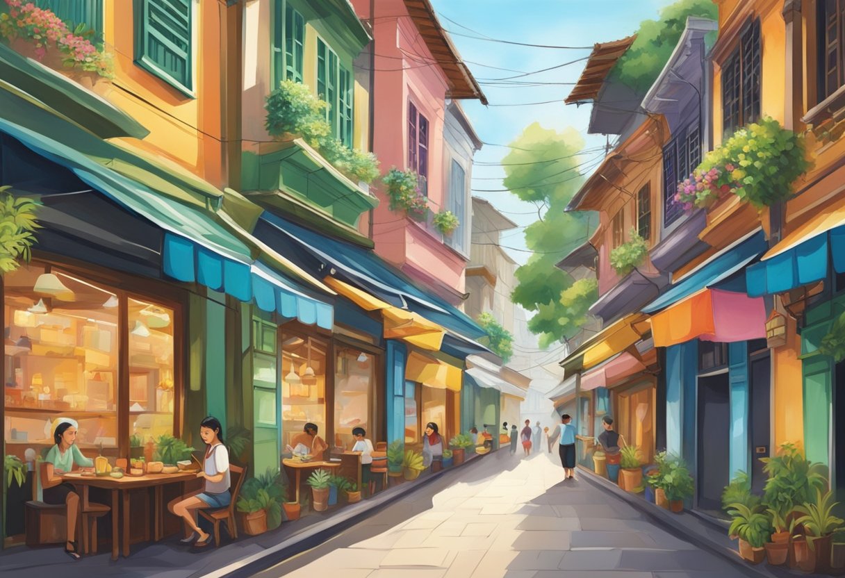 Colorful shophouses line the bustling street, with vibrant signs advertising local cuisine. Aromatic smells waft from open kitchen doors, enticing passersby with the promise of culinary delights