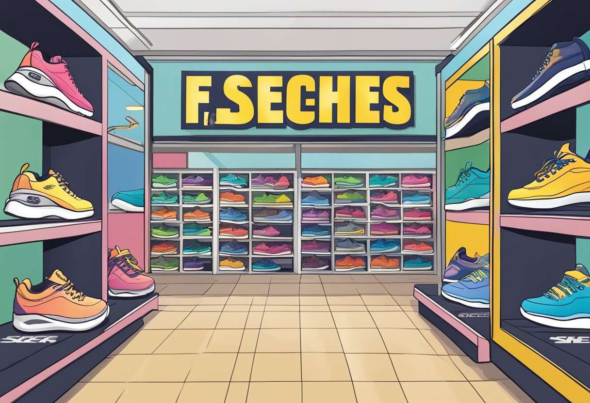 A colorful display of Skechers shoes with a "Frequently Asked Questions" sign in a Singapore store