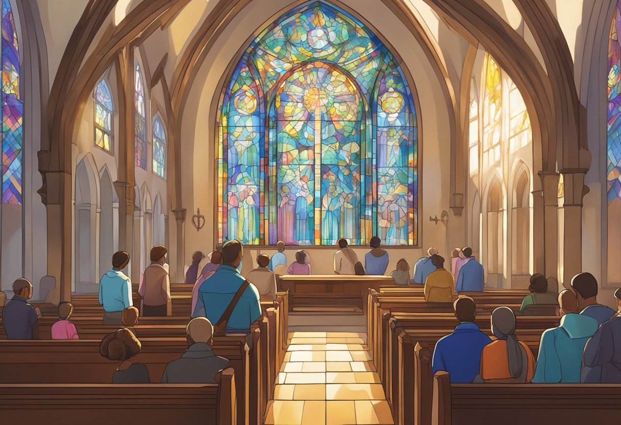 People gather in a serene church, bowing their heads in prayer. Sunlight streams through stained glass windows, casting colorful patterns on the polished wooden pews. The atmosphere is filled with reverence and devotion