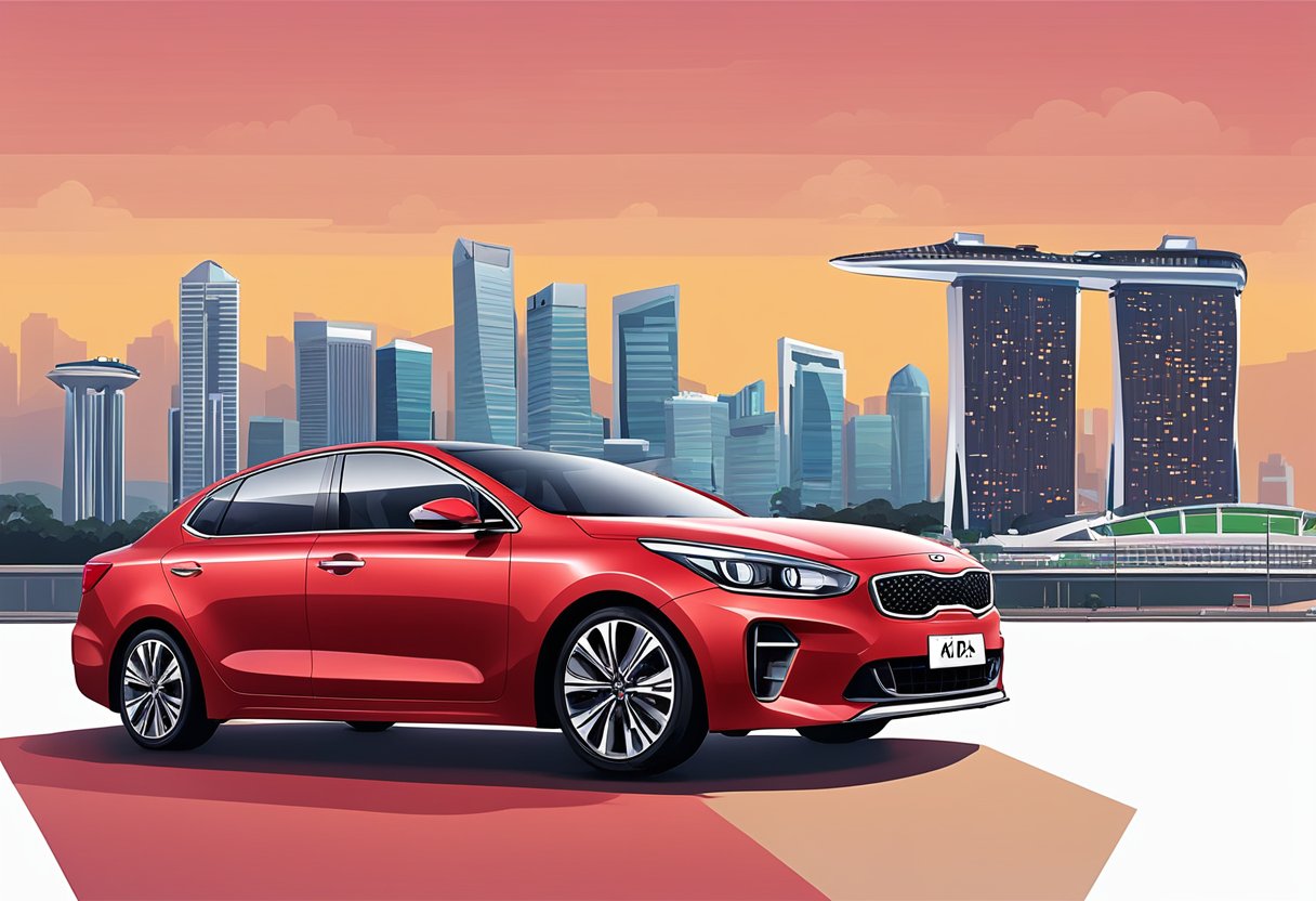 A red Kia car parked in front of the iconic Singapore skyline