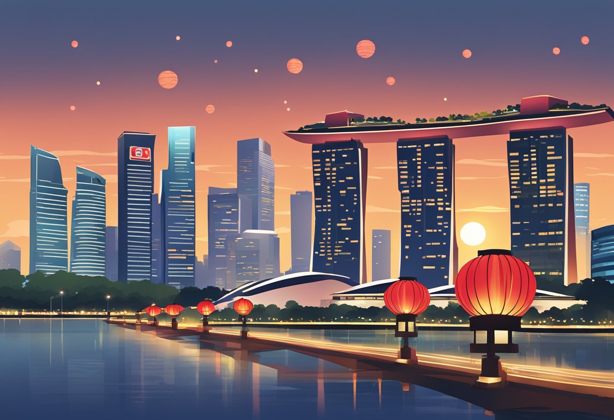 The iconic red lanterns of Singapore stand tall against the city skyline, casting a warm glow over nearby attractions and landmarks