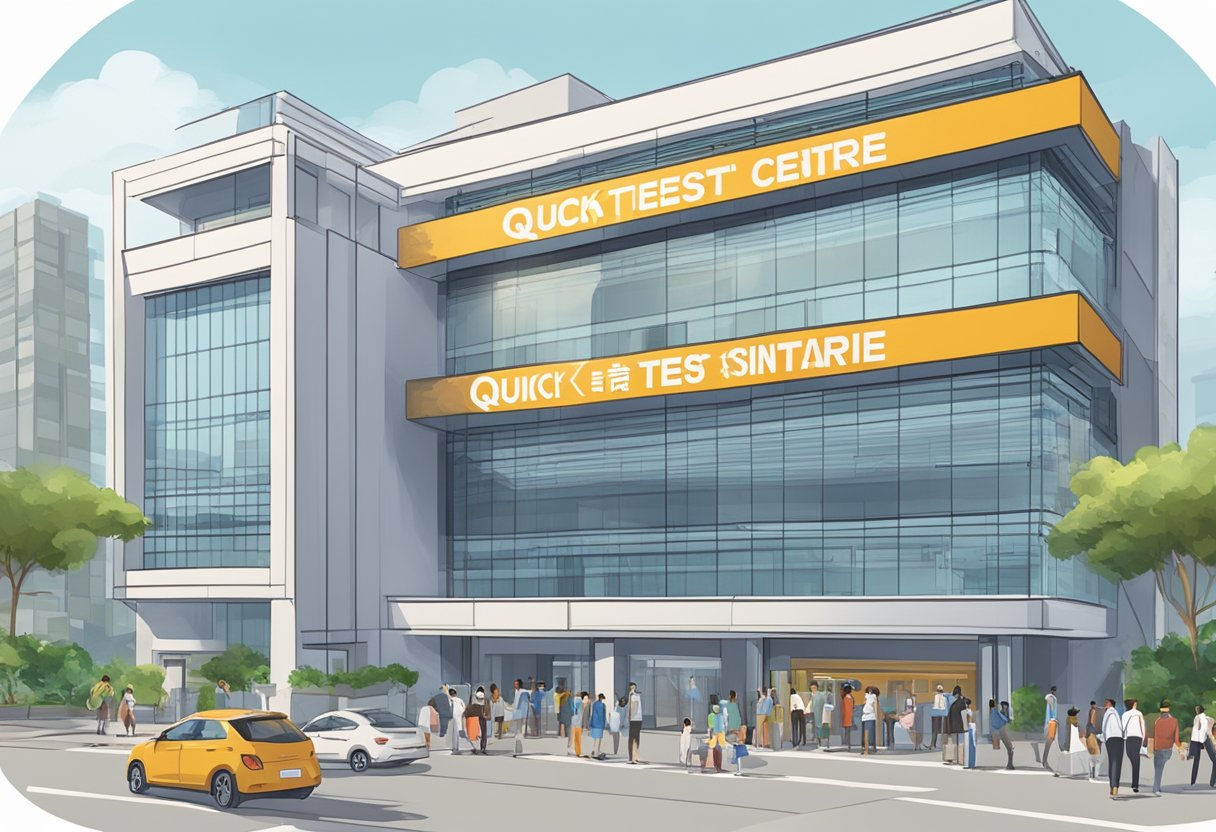 A modern building with a prominent sign reading "Quick Test Centre Singapore" in bold letters. A steady flow of people entering and exiting the facility